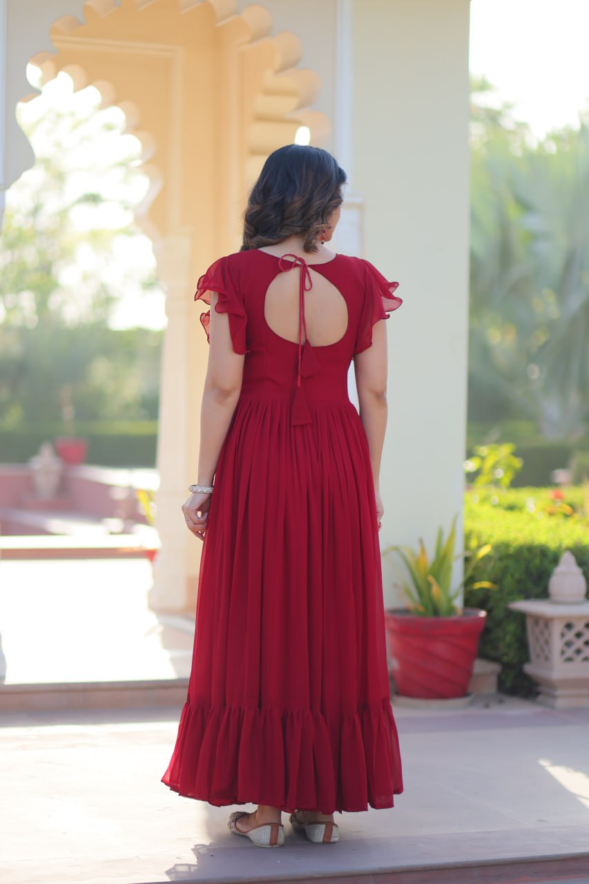 Beautiful Red Faux Blooming Beads And Sequins Embroidery Work Ready to Wear Designer Gown