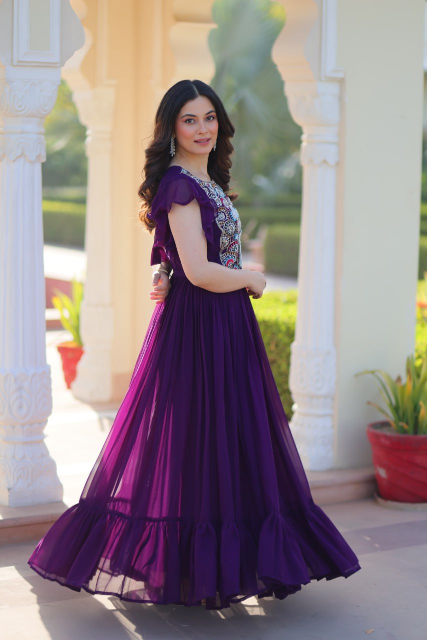 Superhit Purple Faux Blooming With Beads And Sequins Embroidery Work Ready to Wear Gown