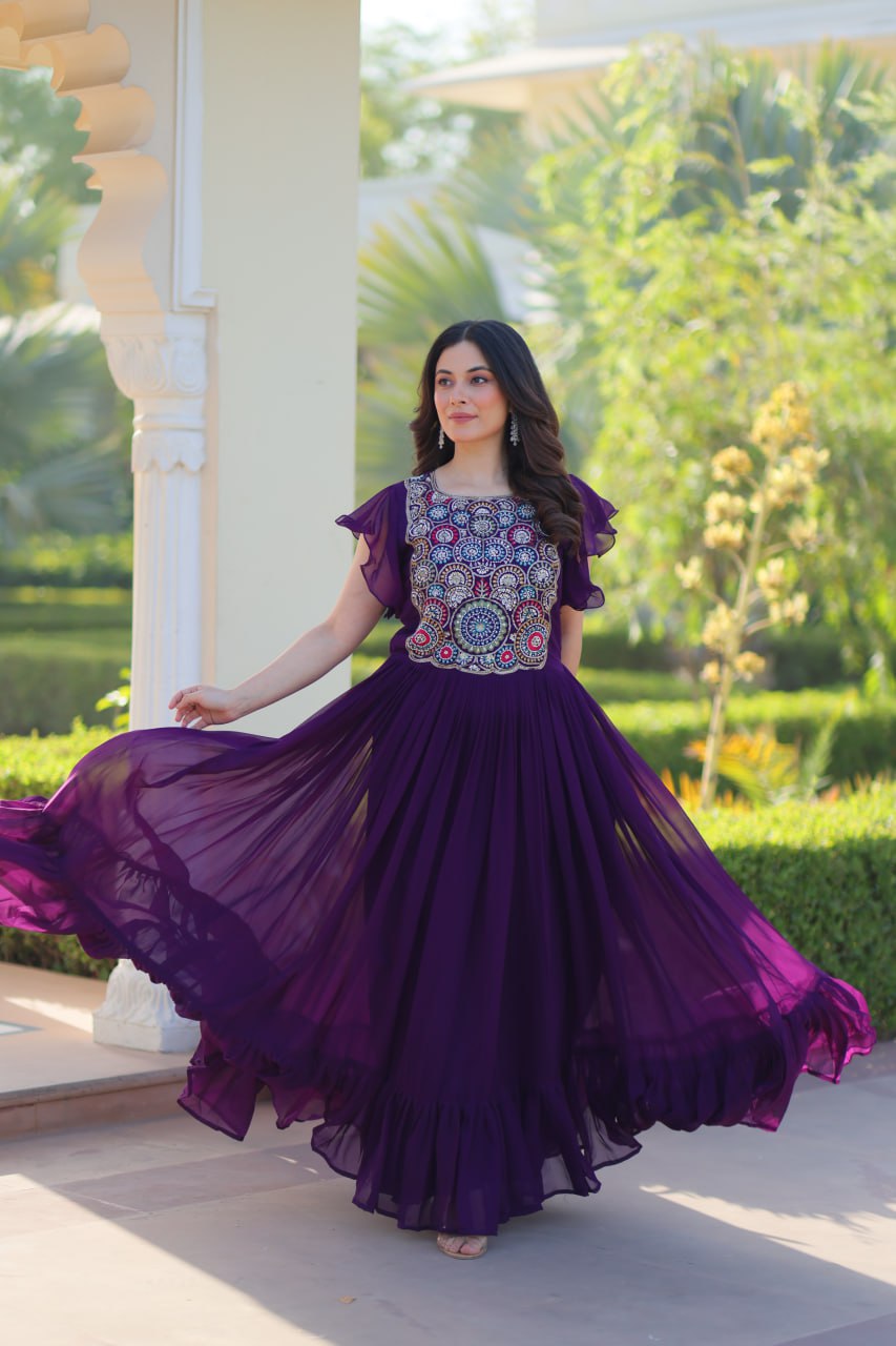 Superhit Purple Faux Blooming With Beads And Sequins Embroidery Work Ready to Wear Gown
