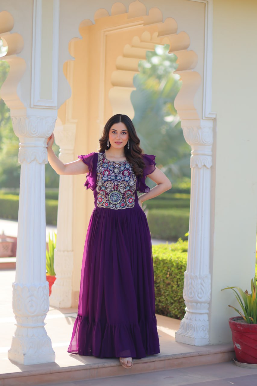 Superhit Purple Faux Blooming With Beads And Sequins Embroidery Work Ready to Wear Gown
