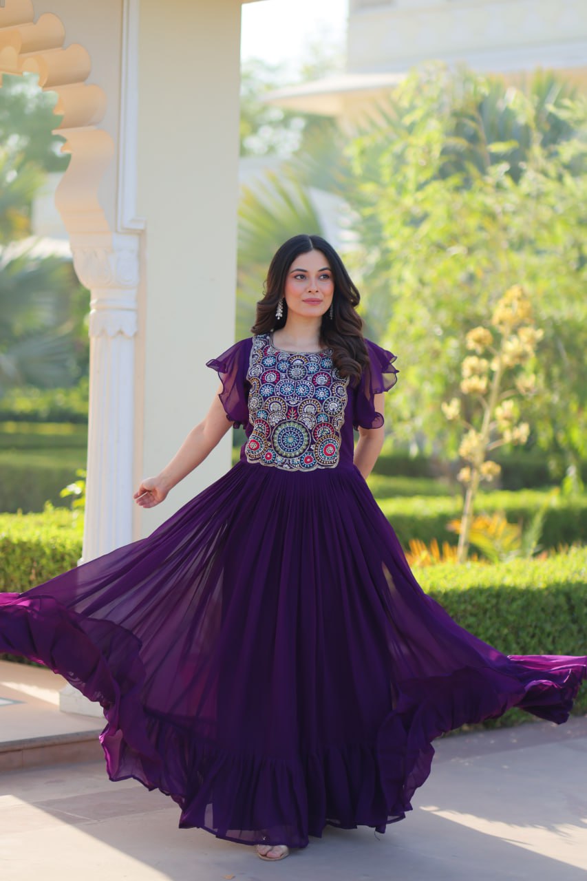 Superhit Purple Faux Blooming With Beads And Sequins Embroidery Work Ready to Wear Gown