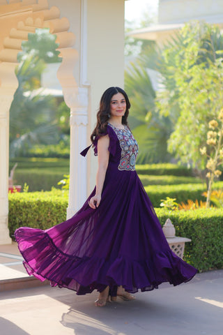 Superhit Purple Faux Blooming With Beads And Sequins Embroidery Work Ready to Wear Gown