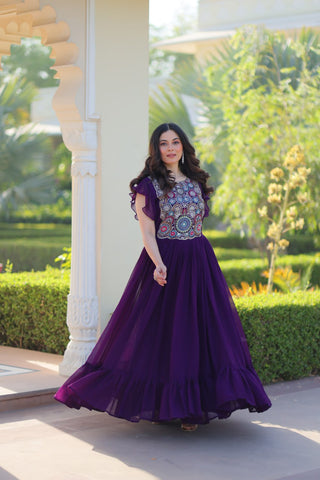 Superhit Purple Faux Blooming With Beads And Sequins Embroidery Work Ready to Wear Gown