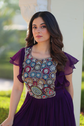 Superhit Purple Faux Blooming With Beads And Sequins Embroidery Work Ready to Wear Gown