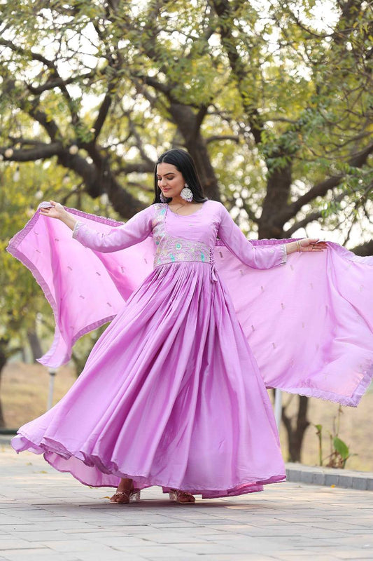 Precious Lavender Color Pure Chinon With Heavy Sequence And Thread Work Gown