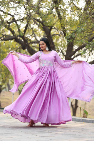 Precious Lavender Color Pure Chinon With Heavy Sequence And Thread Work Gown