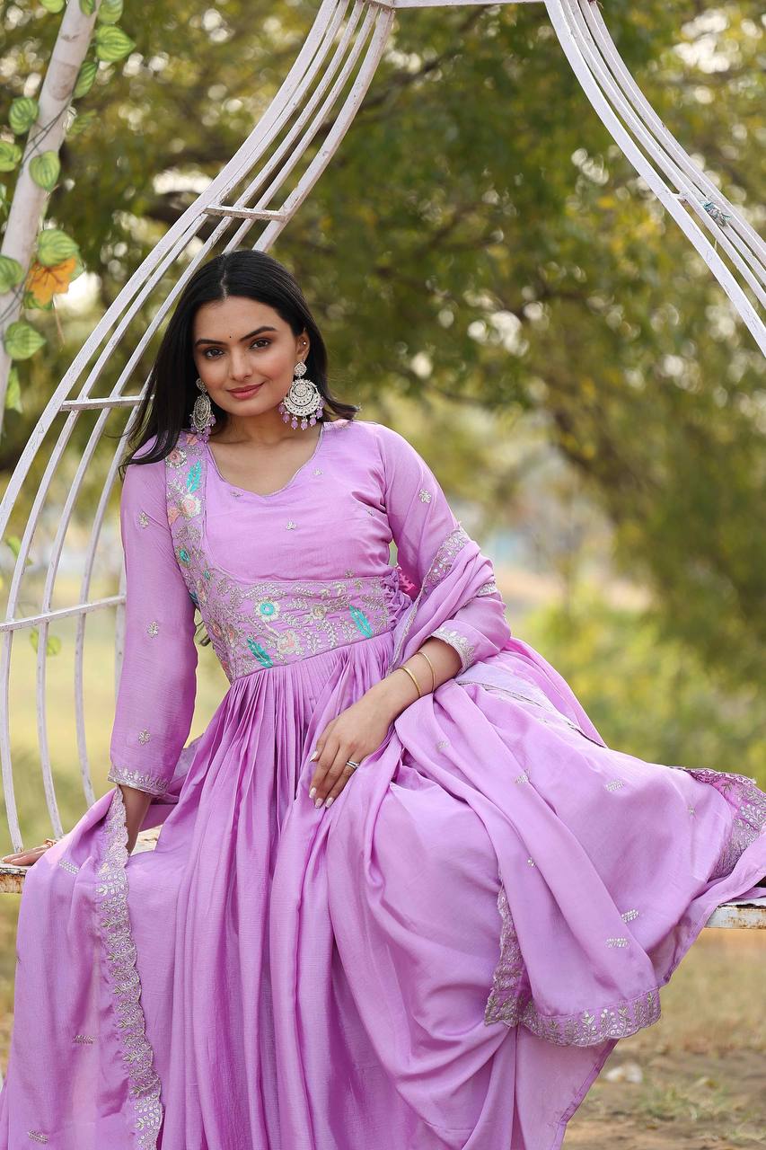 Precious Lavender Color Pure Chinon With Heavy Sequence And Thread Work Gown