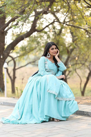 Precious Sky Color Pure Chinon With Heavy Sequence And Thread Work Gown