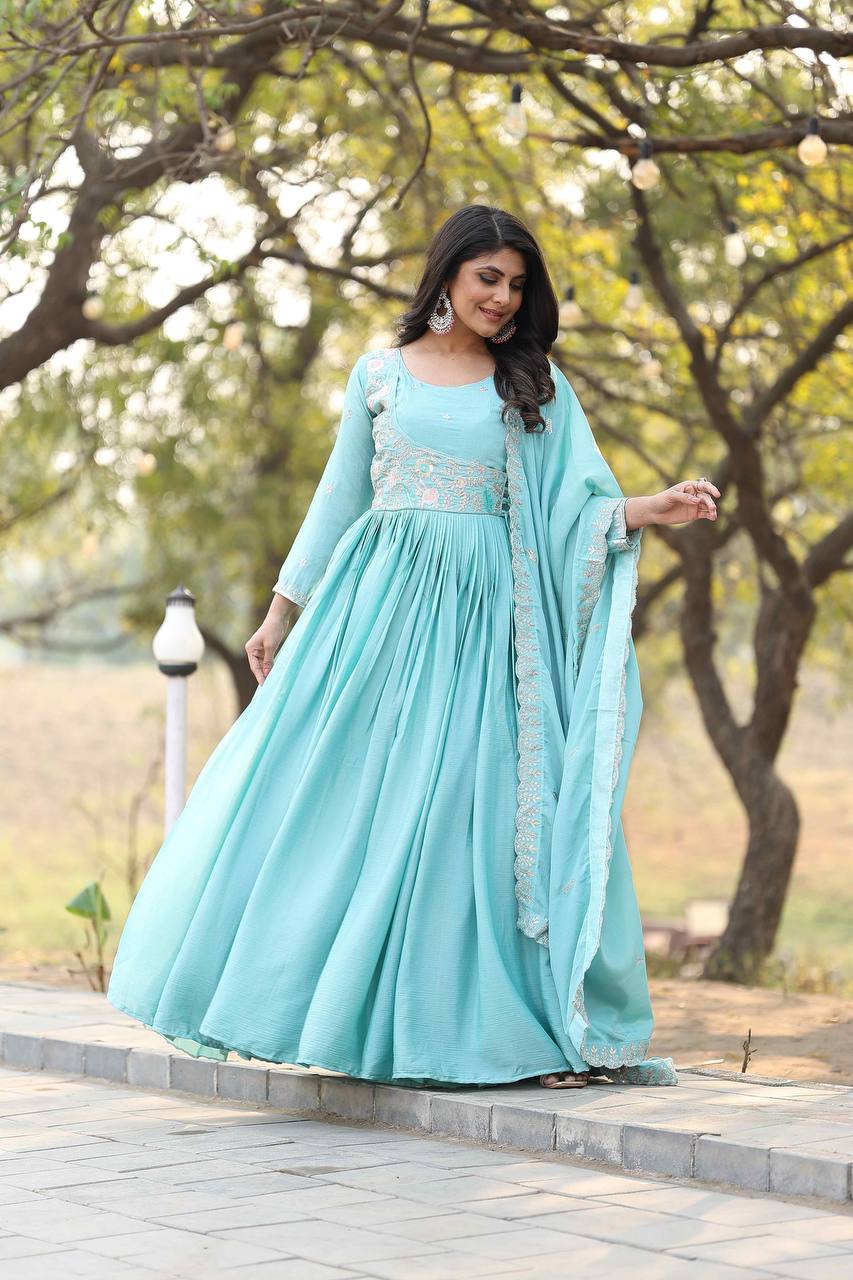 Precious Sky Color Pure Chinon With Heavy Sequence And Thread Work Gown