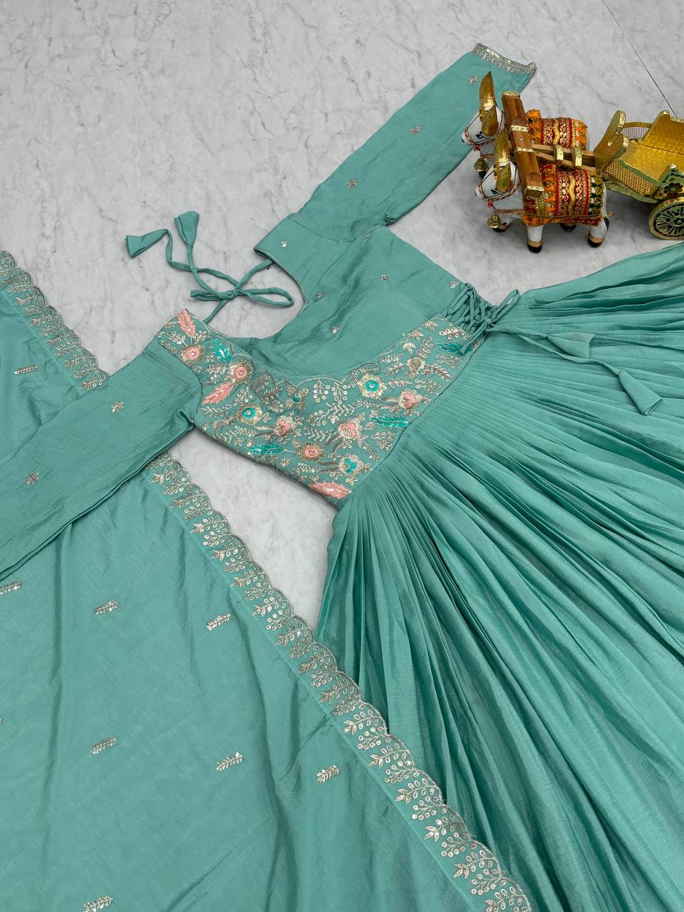 Precious Sky Color Pure Chinon With Heavy Sequence And Thread Work Gown