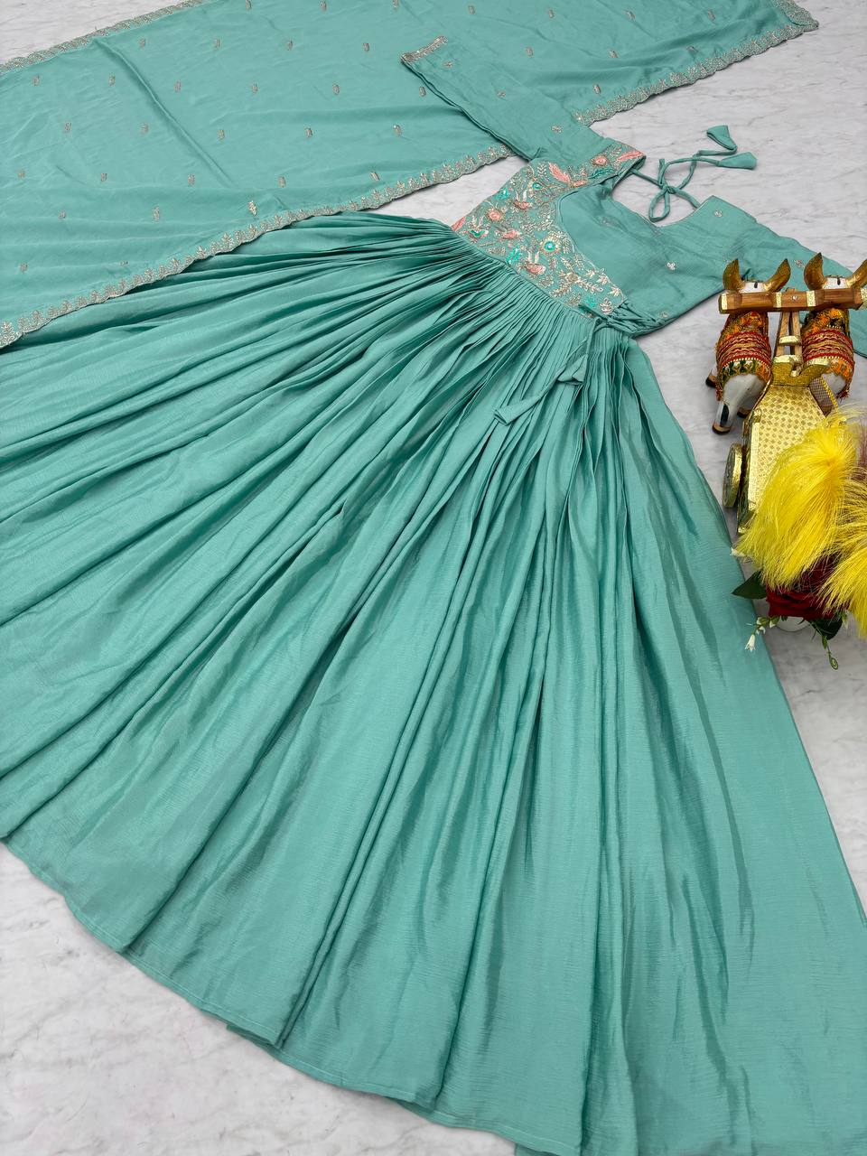 Precious Sky Color Pure Chinon With Heavy Sequence And Thread Work Gown