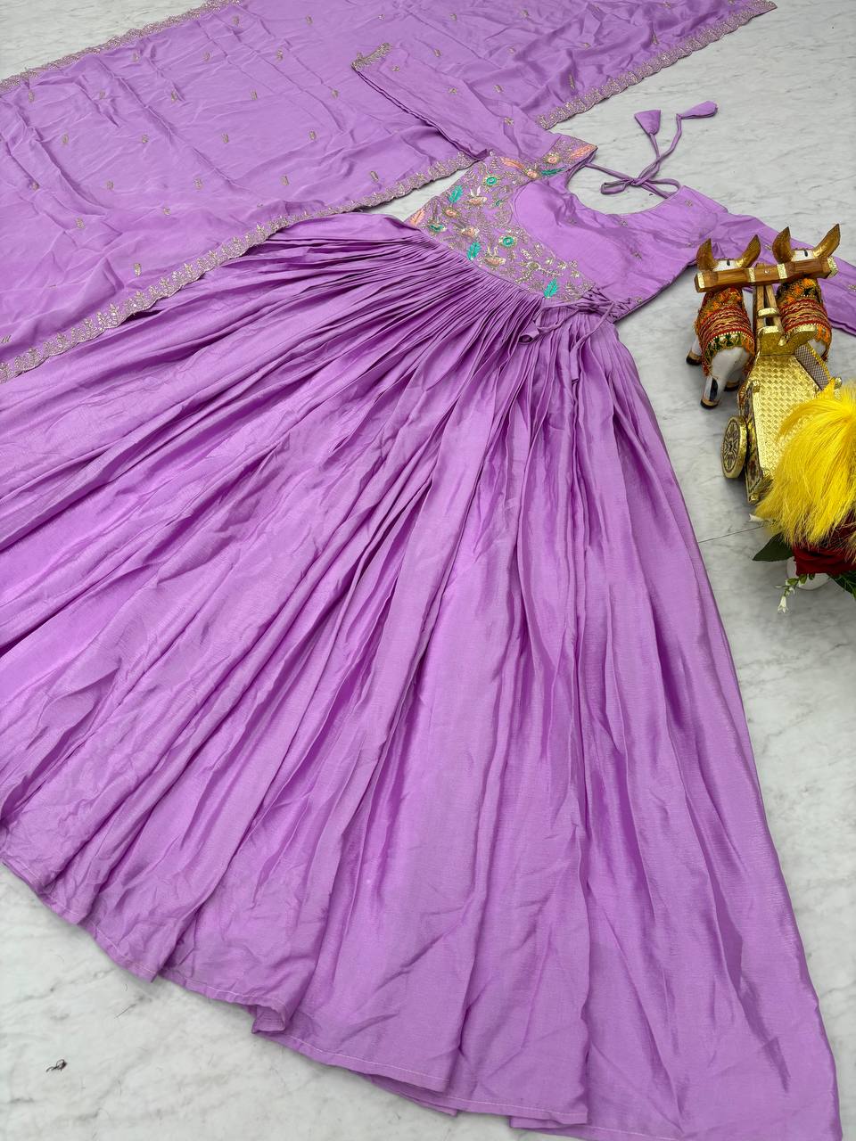 Precious Lavender Color Pure Chinon With Heavy Sequence And Thread Work Gown