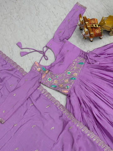Precious Lavender Color Pure Chinon With Heavy Sequence And Thread Work Gown