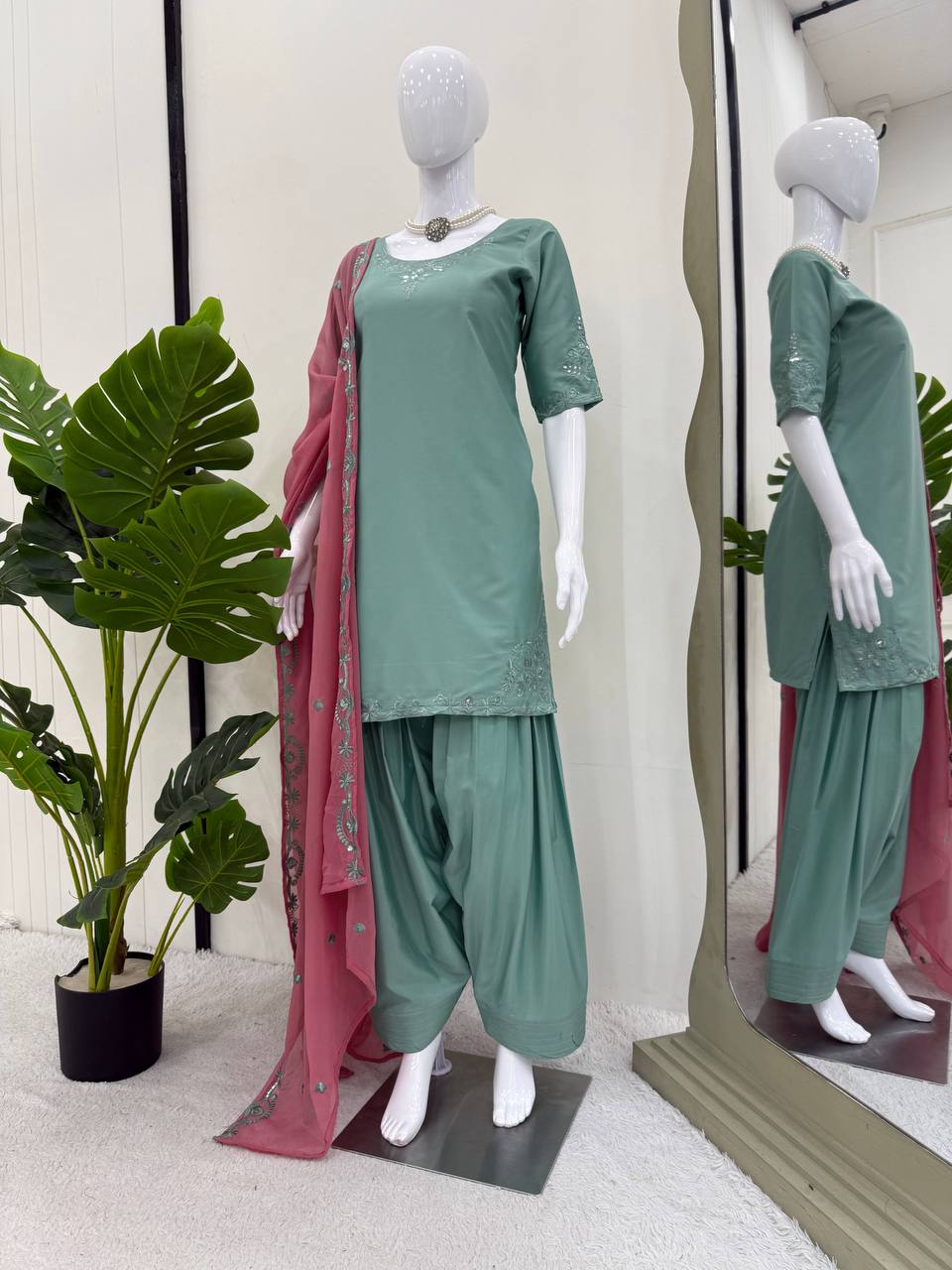Function Wear Soft Natural Crepe With Delicate Thread Embroidery Work Palazzo Salwar Suit