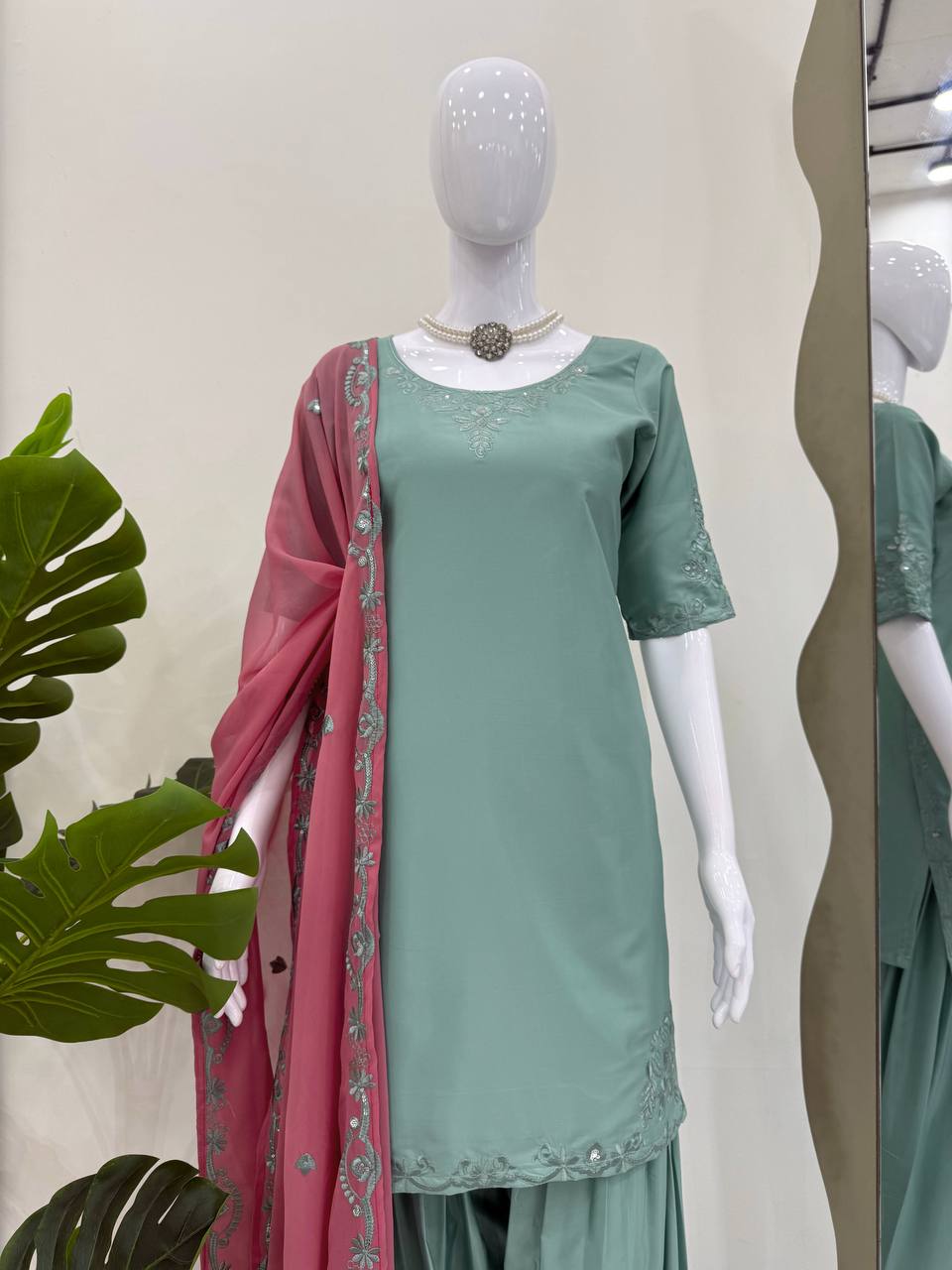 Function Wear Soft Natural Crepe With Delicate Thread Embroidery Work Palazzo Salwar Suit