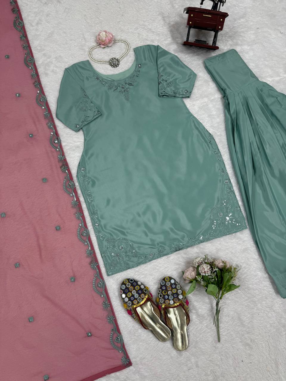 Function Wear Soft Natural Crepe With Delicate Thread Embroidery Work Palazzo Salwar Suit