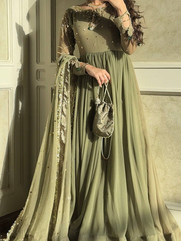 Beautiful Green Color Embroidered Faux Georgette Gown Set with Dupatta & Bottom