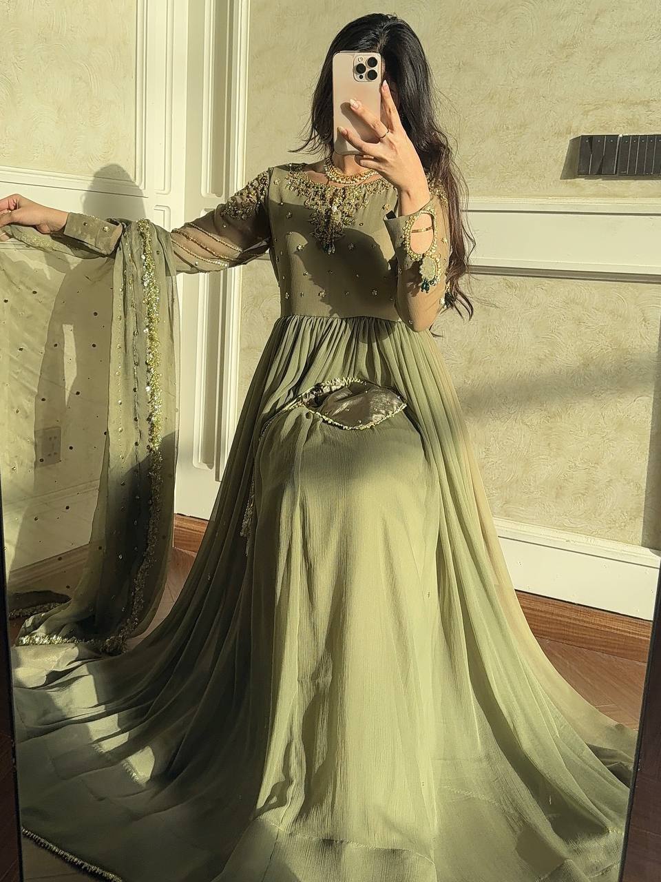 Beautiful Green Color Embroidered Faux Georgette Gown Set with Dupatta & Bottom