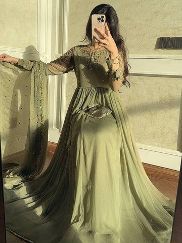 Beautiful Green Color Embroidered Faux Georgette Gown Set with Dupatta & Bottom