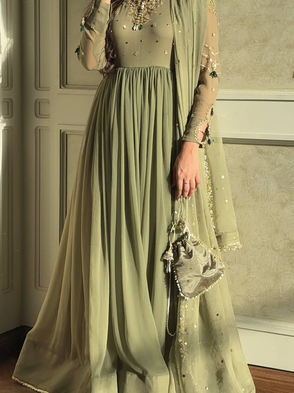 Beautiful Green Color Embroidered Faux Georgette Gown Set with Dupatta & Bottom