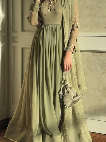 Beautiful Green Color Embroidered Faux Georgette Gown Set with Dupatta & Bottom
