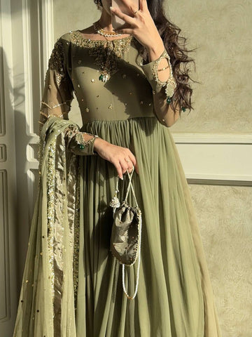 Beautiful Green Color Embroidered Faux Georgette Gown Set with Dupatta & Bottom
