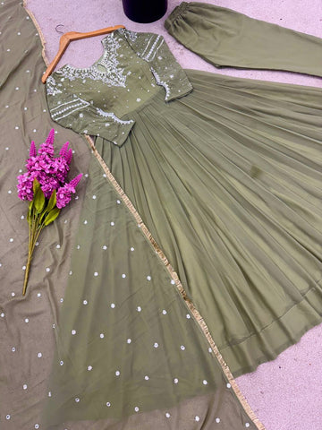 Beautiful Green Color Embroidered Faux Georgette Gown Set with Dupatta & Bottom