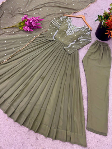 Beautiful Green Color Embroidered Faux Georgette Gown Set with Dupatta & Bottom