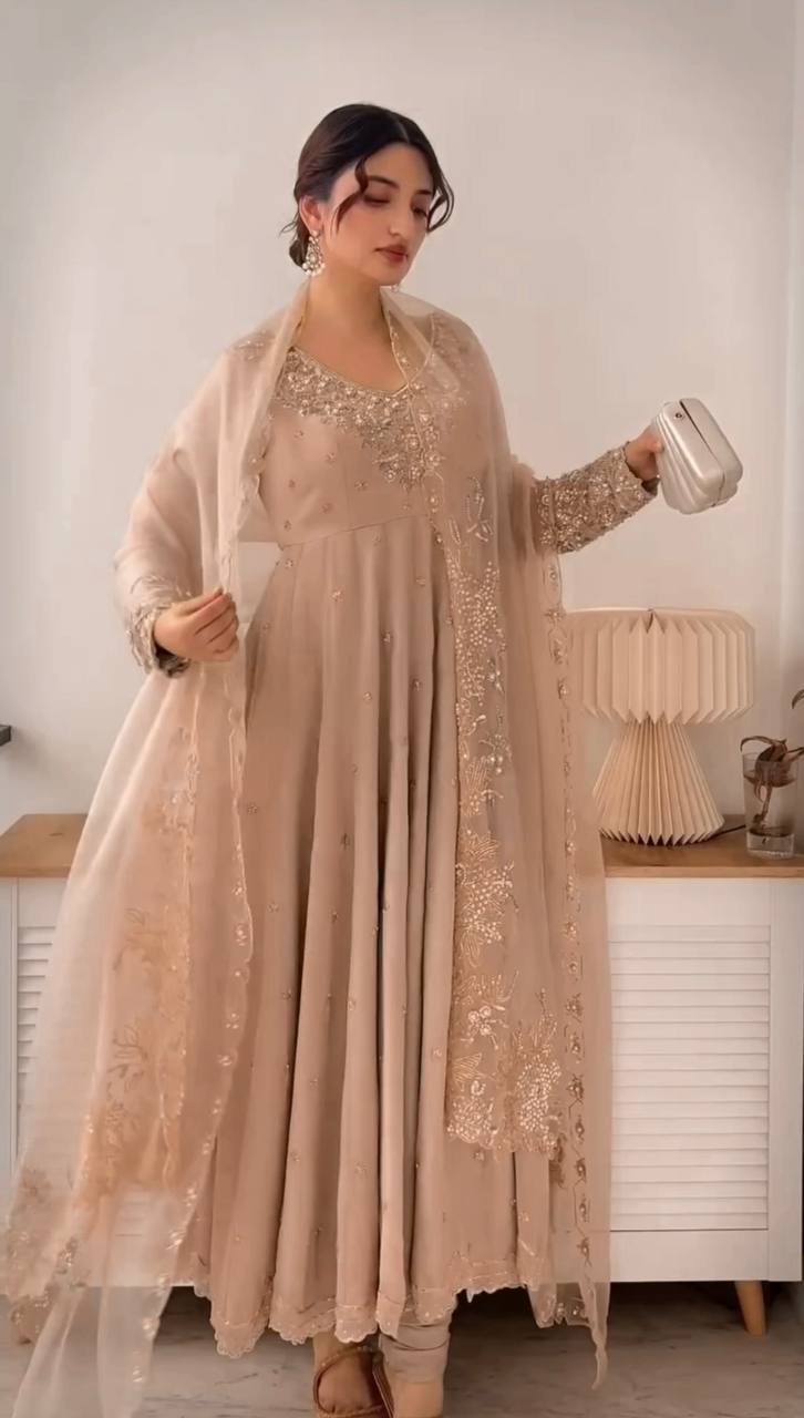 Designer Cream Color Heavy Georgette With Embroidery Sequence Work Anarkali Gown
