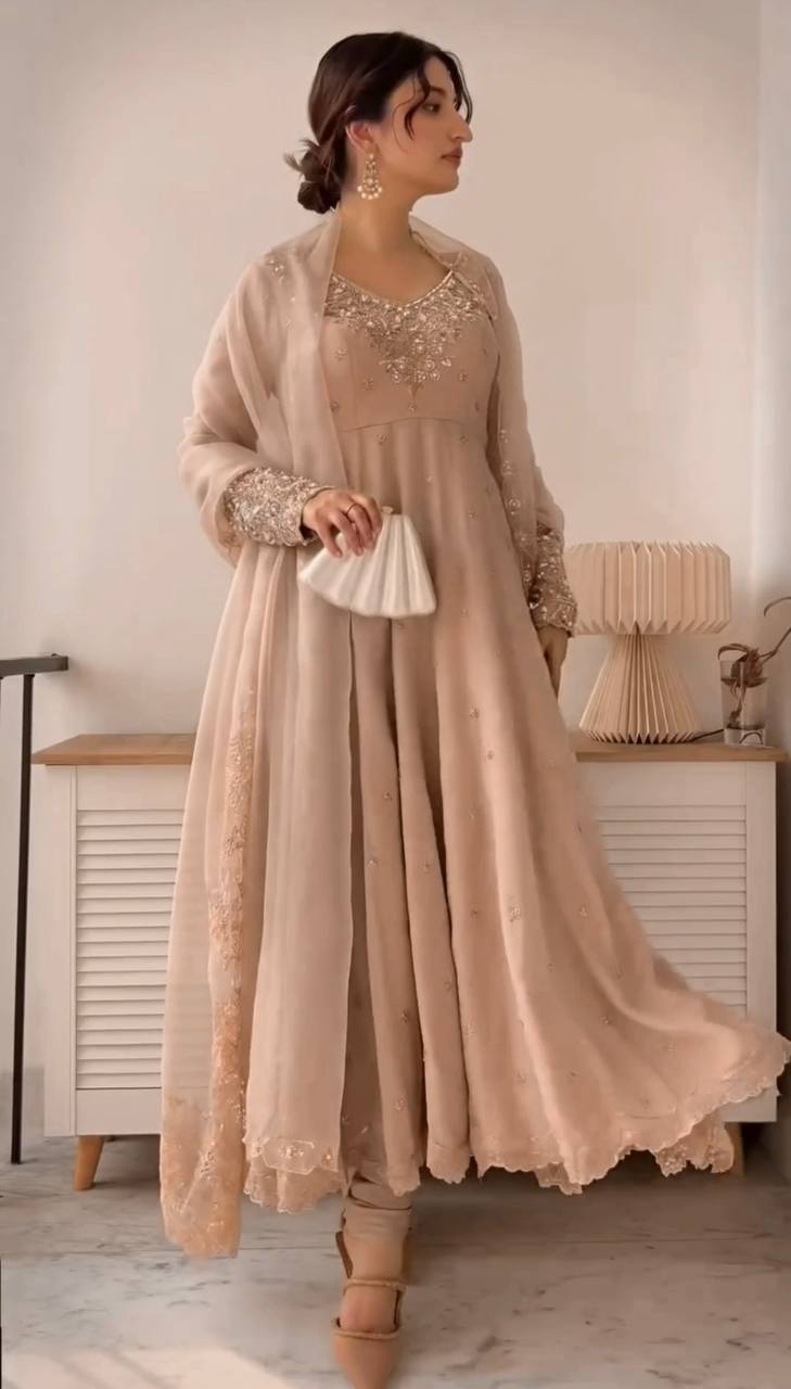 Designer Cream Color Heavy Georgette With Embroidery Sequence Work Anarkali Gown