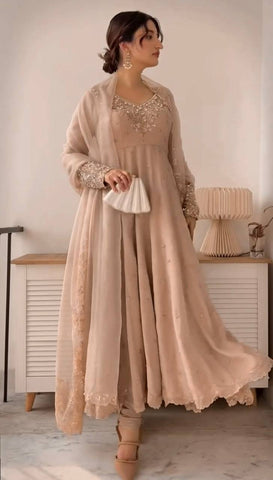 Designer Cream Color Heavy Georgette With Embroidery Sequence Work Anarkali Gown