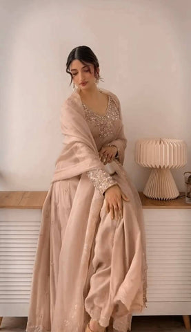 Designer Cream Color Heavy Georgette With Embroidery Sequence Work Anarkali Gown