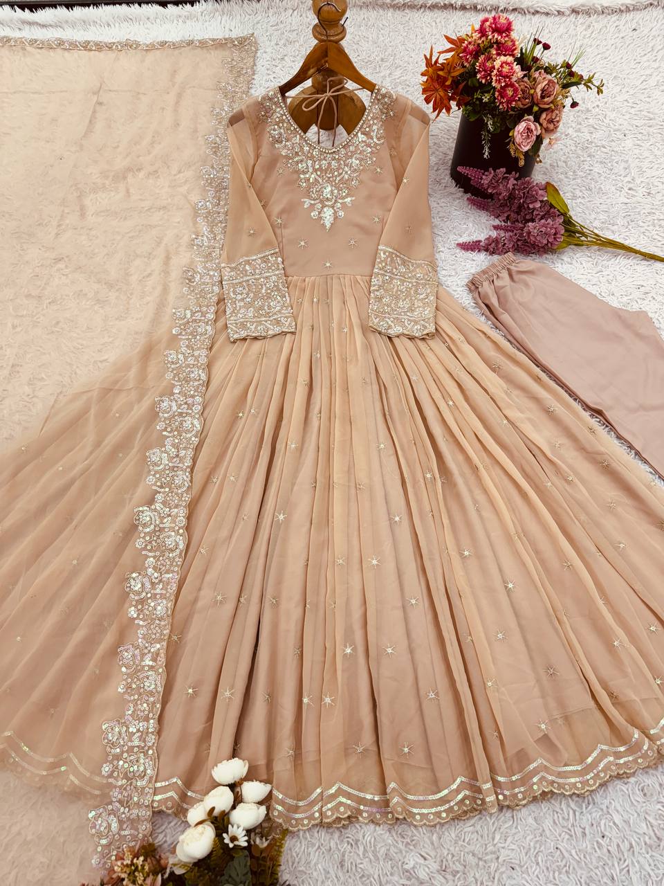 Designer Cream Color Heavy Georgette With Embroidery Sequence Work Anarkali Gown