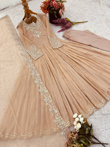Designer Cream Color Heavy Georgette With Embroidery Sequence Work Anarkali Gown