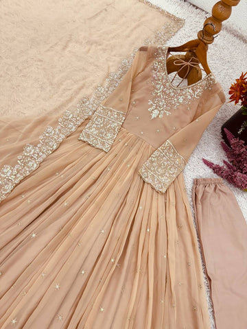 Designer Cream Color Heavy Georgette With Embroidery Sequence Work Anarkali Gown