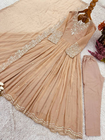 Designer Cream Color Heavy Georgette With Embroidery Sequence Work Anarkali Gown