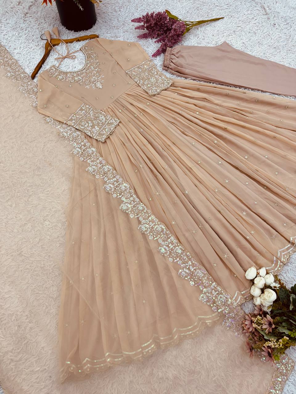 Designer Cream Color Heavy Georgette With Embroidery Sequence Work Anarkali Gown