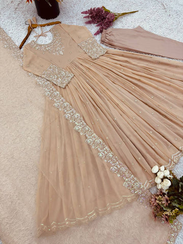 Designer Cream Color Heavy Georgette With Embroidery Sequence Work Anarkali Gown