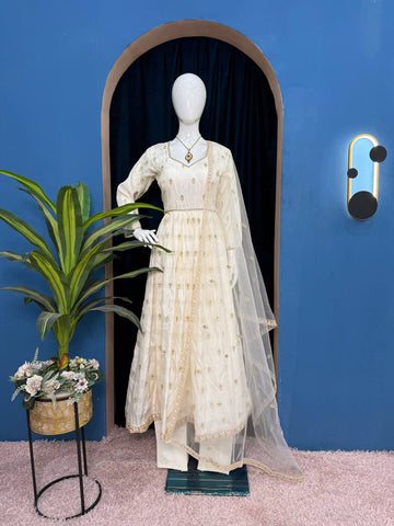 Beautiful Off White Color Chimmar With Embroidery Work Designer Anarkali Suit