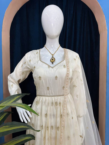 Beautiful Off White Color Chimmar With Embroidery Work Designer Anarkali Suit