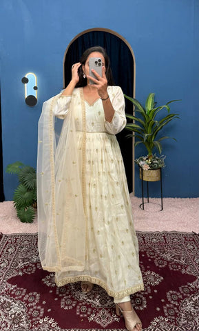Beautiful Off White Color Chimmar With Embroidery Work Designer Anarkali Suit