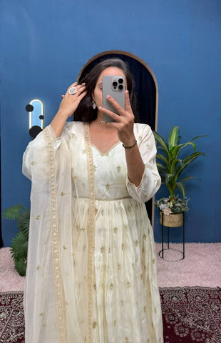 Beautiful Off White Color Chimmar With Embroidery Work Designer Anarkali Suit