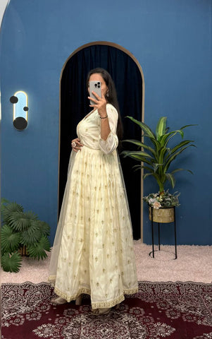 Beautiful Off White Color Chimmar With Embroidery Work Designer Anarkali Suit