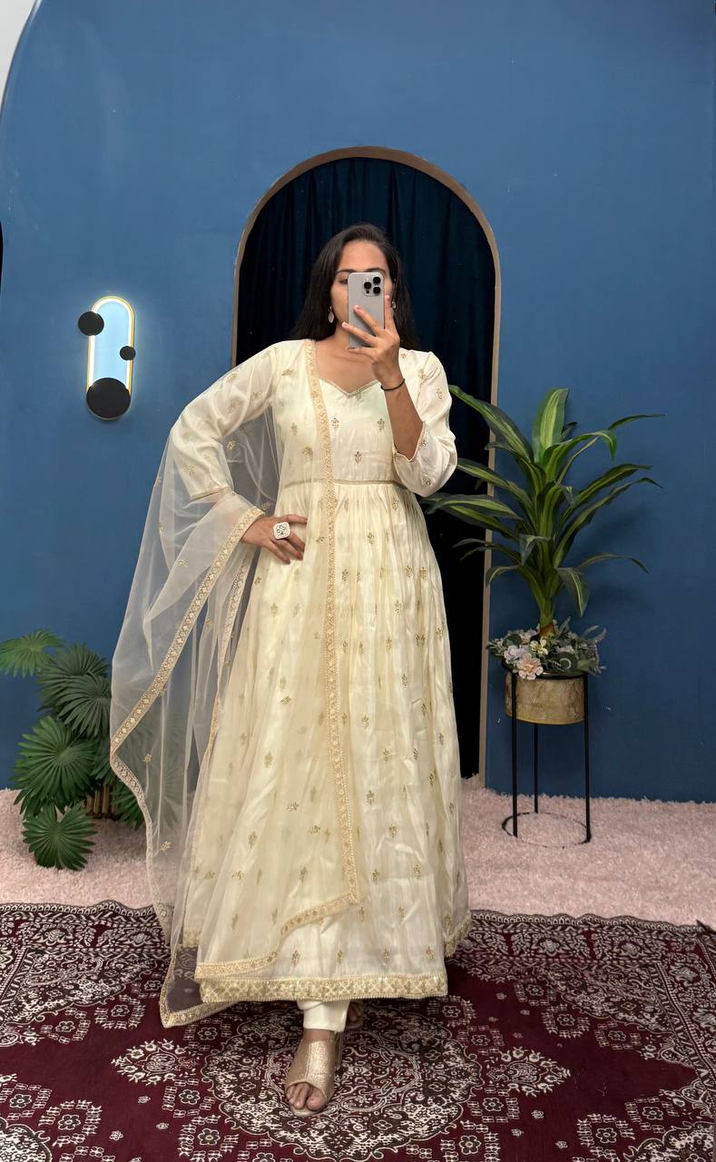Beautiful Off White Color Chimmar With Embroidery Work Designer Anarkali Suit
