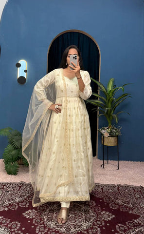 Beautiful Off White Color Chimmar With Embroidery Work Designer Anarkali Suit