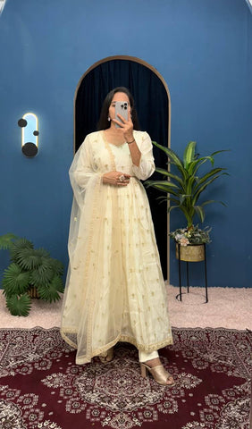 Beautiful Off White Color Chimmar With Embroidery Work Designer Anarkali Suit