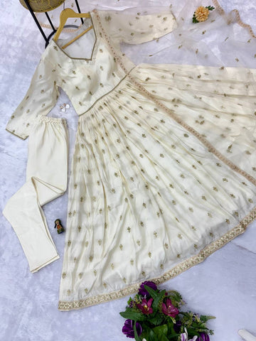 Beautiful Off White Color Chimmar With Embroidery Work Designer Anarkali Suit