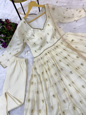 Beautiful Off White Color Chimmar With Embroidery Work Designer Anarkali Suit