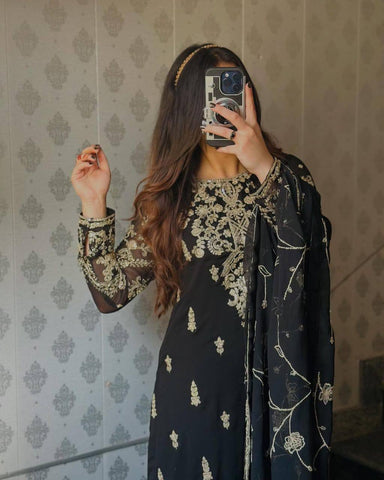 Marriage Wear Heavy Embroidery Sequence Work Black Color Salwar Suit Set