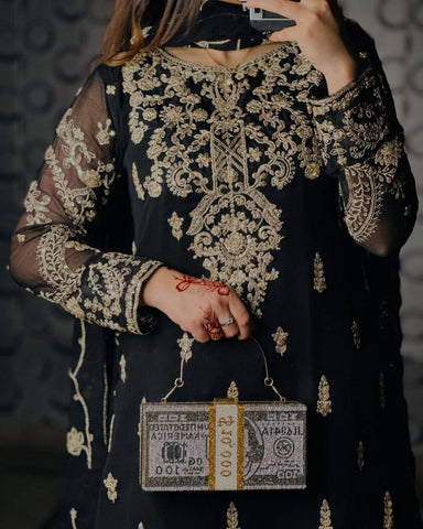 Marriage Wear Heavy Embroidery Sequence Work Black Color Salwar Suit Set